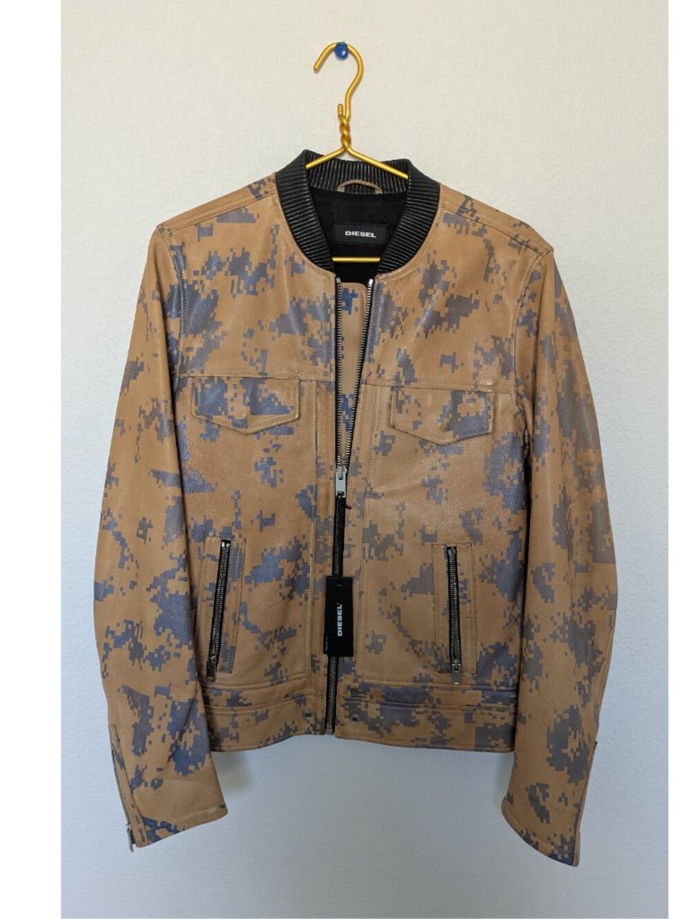 Diesel leather bomber jacket, size L, digital camouflage pattern tan/blue NWT